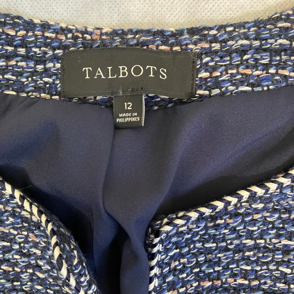 Talbots Sz 12 Airy Tweed Woven Jacket Open Front Fringe Trim Navy Classic - Picture 12 of 16